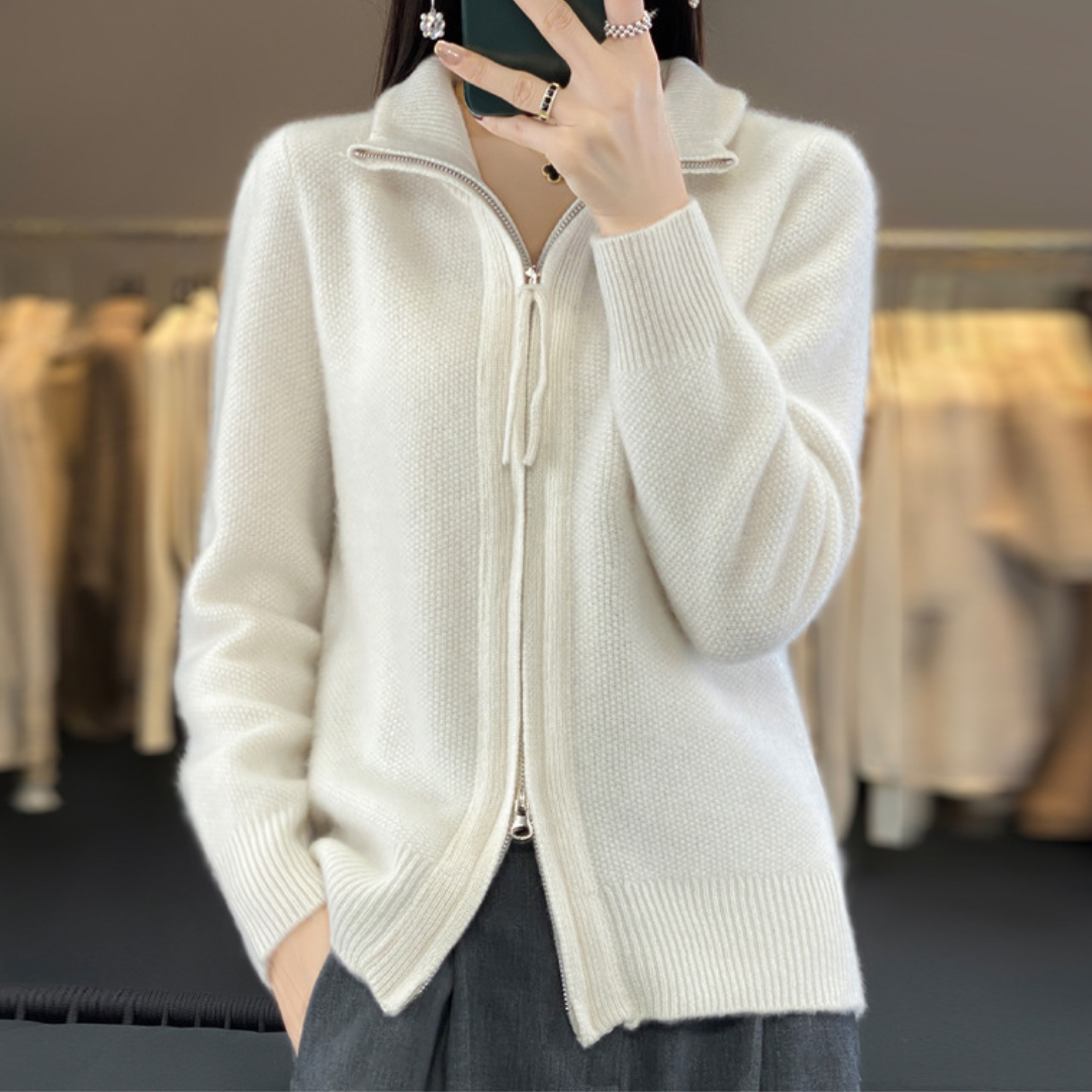 Cardigan con Zip in Misto Lana | Maglieria Elegante e Versatile Donna | Bianca