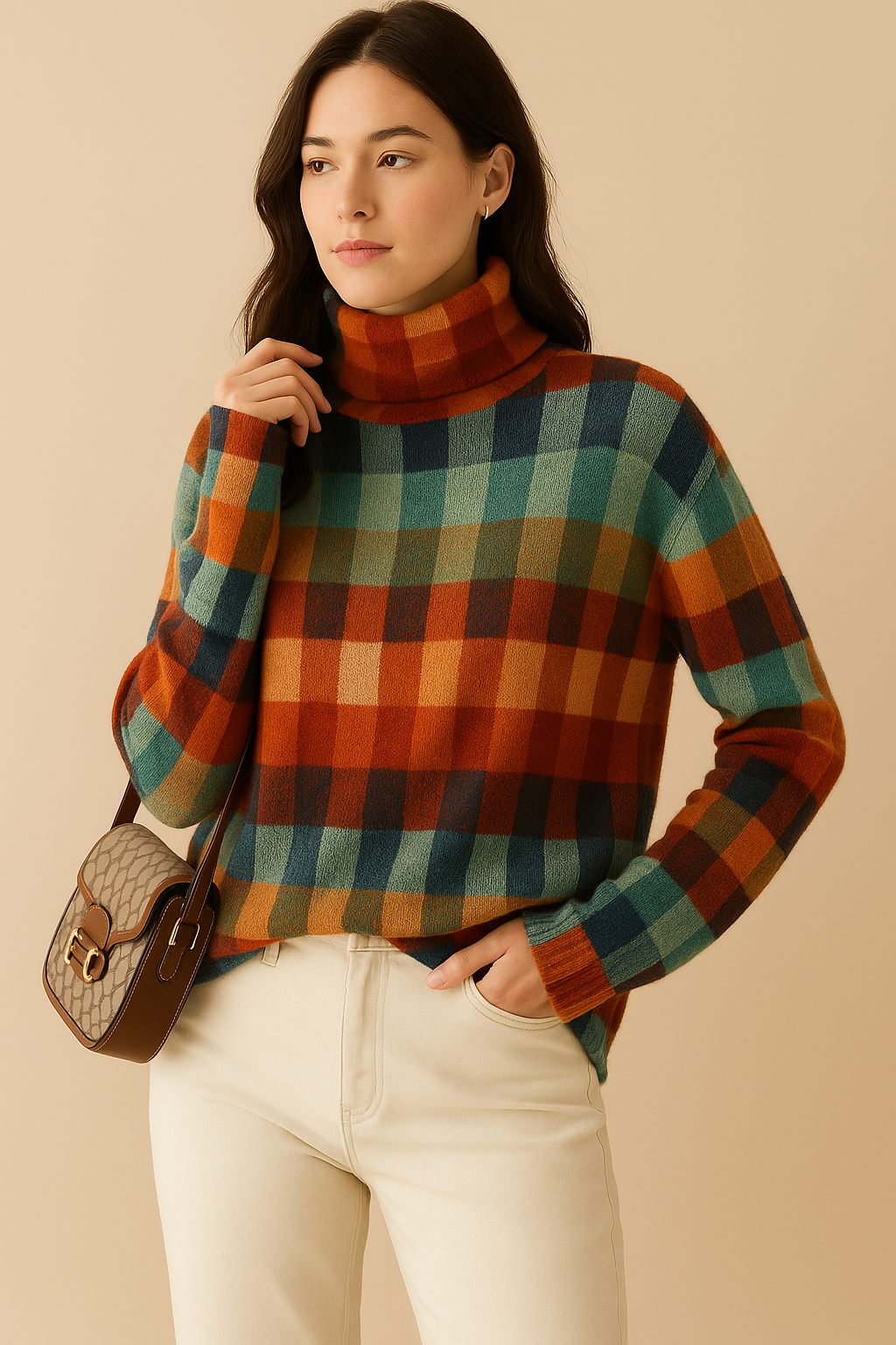 Maglione Donna Collo Alto | Maglione Caldo Morbido a Quadri per Autunno e Inverno | Giulia