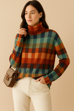 Maglione Donna Collo Alto | Maglione Caldo Morbido a Quadri per Autunno e Inverno | Giulia
