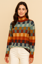 Maglione Donna Collo Alto | Maglione Caldo Morbido a Quadri per Autunno e Inverno | Giulia