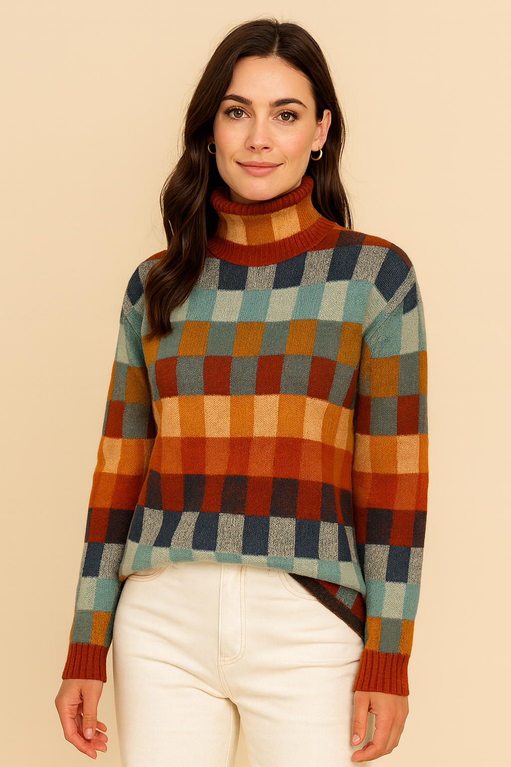 Maglione Donna Collo Alto | Maglione Caldo Morbido a Quadri per Autunno e Inverno | Giulia